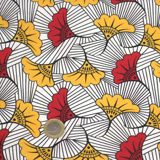 Tissu cotonnade motif WAX floral, fleurs rouges et jaunes - OEKO - TEX STANDARD 100 - tissuspipi.com