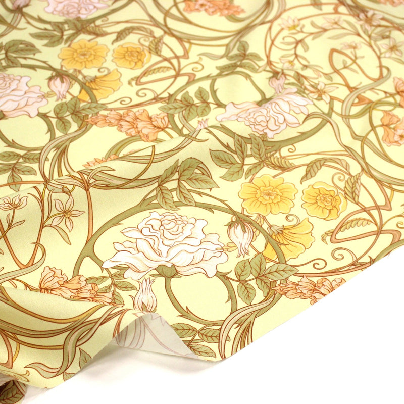 Tissu cotonnade VICTOR au feuillage ART NOUVEAU multicolore, fond vert anis - OEKO - TEX STANDARD 100 - tissuspipi.com