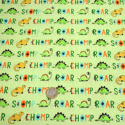 Tissu popeline coton DINO ROAR, vert aux motifs dinosaures multicolores - tissuspipi.com