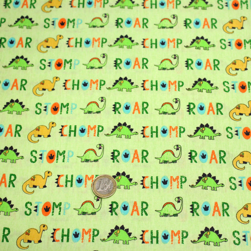 Tissu popeline coton DINO ROAR, vert aux motifs dinosaures multicolores - tissuspipi.com