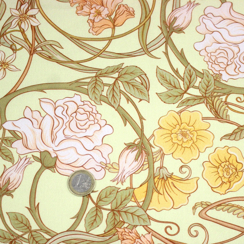 Tissu cotonnade VICTOR au feuillage ART NOUVEAU multicolore, fond vert anis - OEKO - TEX STANDARD 100 - tissuspipi.com