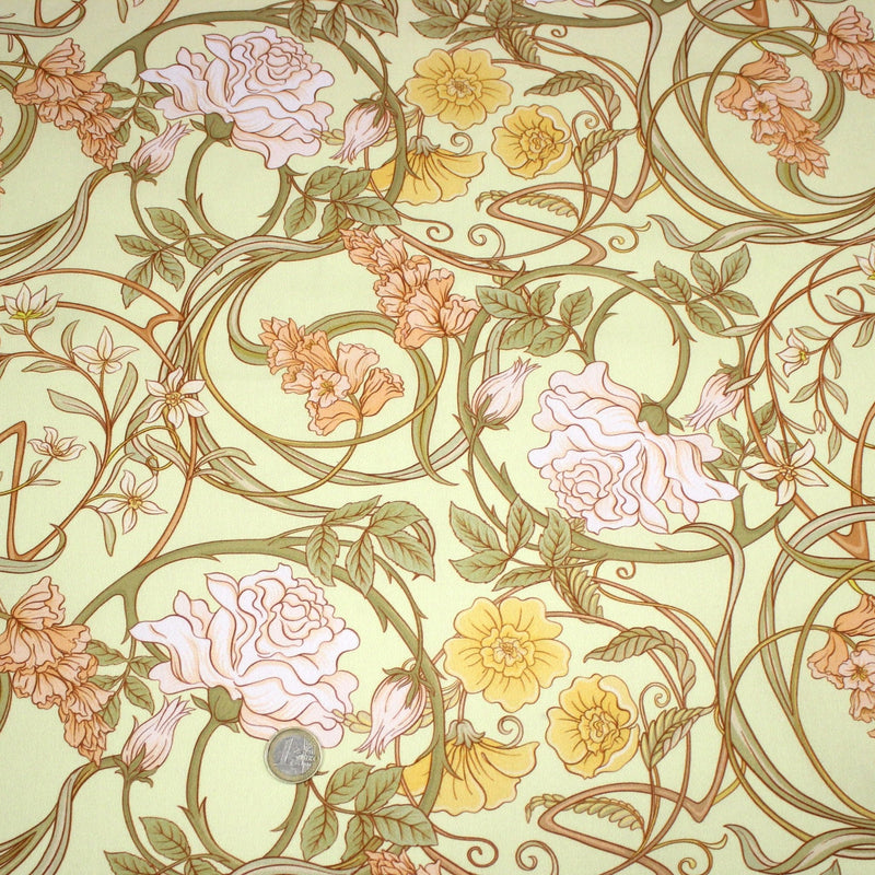 Tissu cotonnade VICTOR au feuillage ART NOUVEAU multicolore, fond vert anis - OEKO - TEX STANDARD 100 - tissuspipi.com