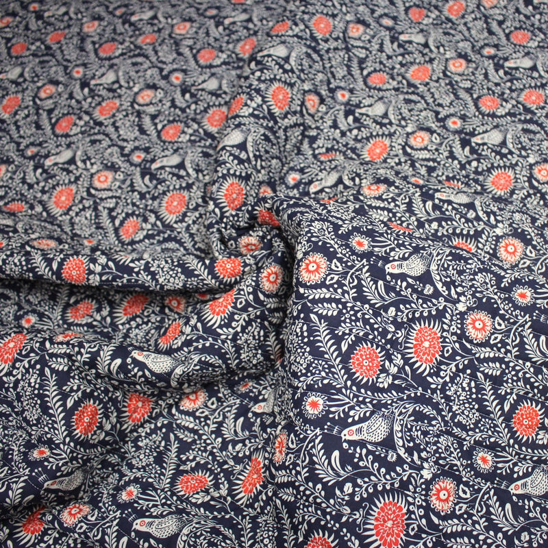Tissu matelassé motif fleuri indien bleu roi & blanc - COLLECTION KALAMKARI - OEKO - TEX - tissuspipi.com