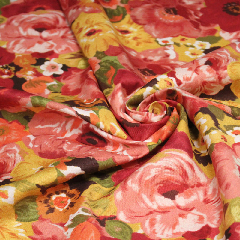 Tissu gabardine coton imprimée fleuri Vintage jaune, rouge, rose - OEKO - TEX STANDARD 100 - tissuspipi.com