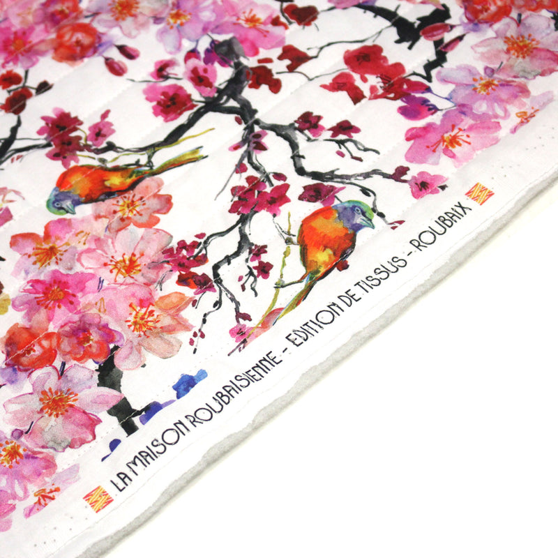 Tissu matelassé motif jardin japonais GUNMA oiseaux et fleurs de cerisier - OEKO - TEX - tissuspipi.com