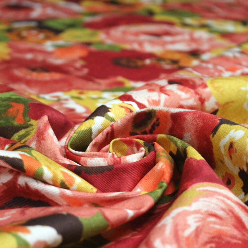 Tissu gabardine coton imprimée fleuri Vintage jaune, rouge, rose - OEKO - TEX STANDARD 100 - tissuspipi.com