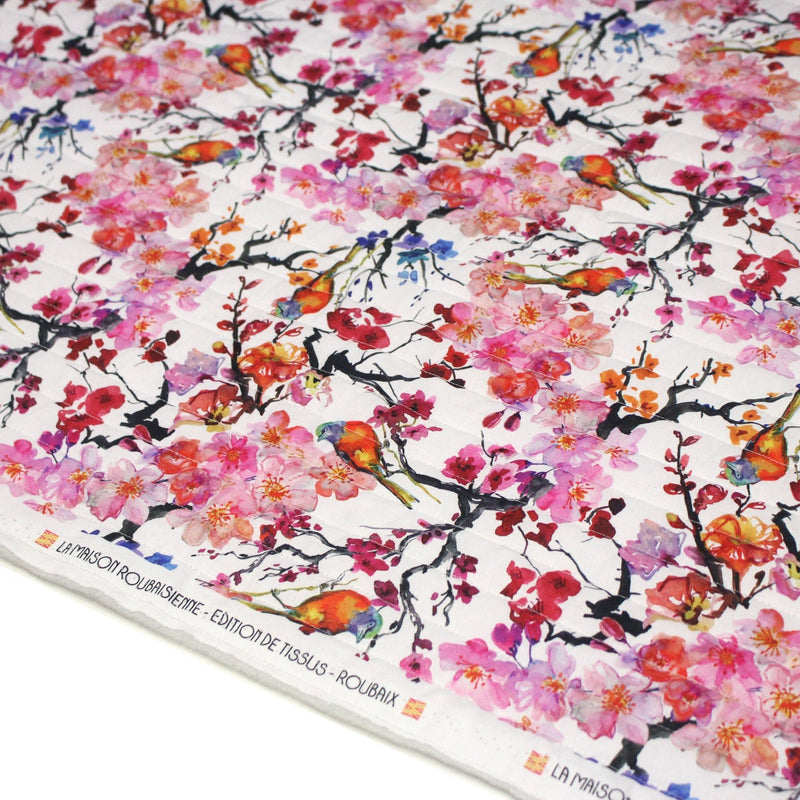Tissu matelassé motif jardin japonais GUNMA oiseaux et fleurs de cerisier - OEKO - TEX - tissuspipi.com