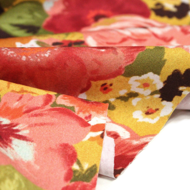 Tissu gabardine coton imprimée fleuri Vintage jaune, rouge, rose - OEKO - TEX STANDARD 100 - tissuspipi.com