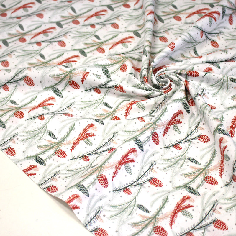 Tissu coton NOËL blanc aux branches sapins et pommes de pin rouges - OEKO - TEX - tissuspipi.com