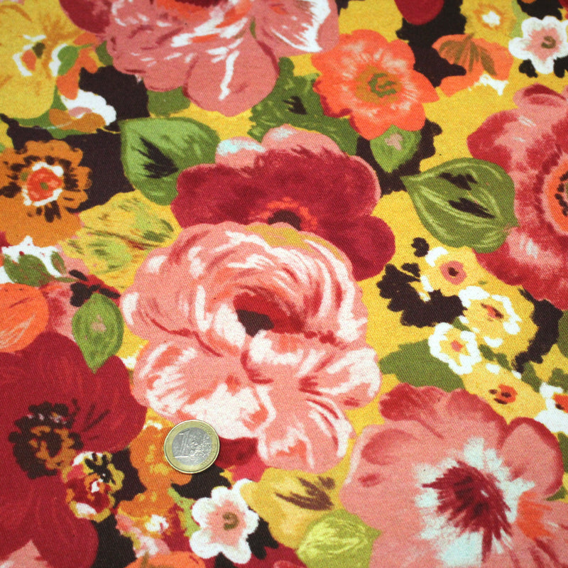 Tissu gabardine coton imprimée fleuri Vintage jaune, rouge, rose - OEKO - TEX STANDARD 100 - tissuspipi.com