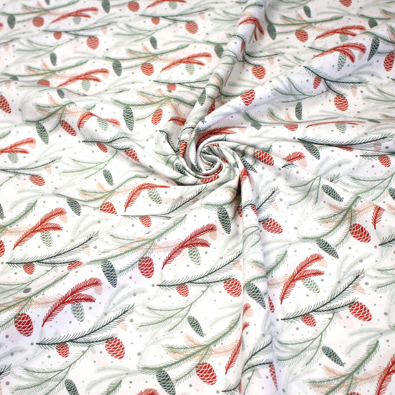 Tissu coton NOËL blanc aux branches sapins et pommes de pin rouges - OEKO - TEX - tissuspipi.com
