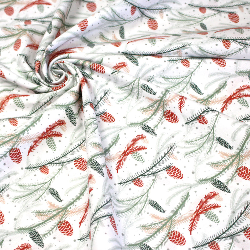 Tissu coton NOËL blanc aux branches sapins et pommes de pin rouges - OEKO - TEX - tissuspipi.com