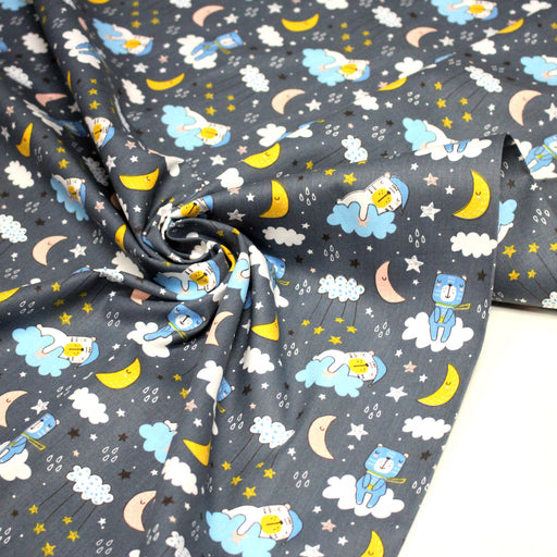 Tissu popeline coton Les ours font dodo, tons gris, bleus, roses - tissuspipi.com