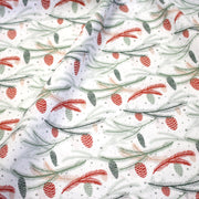 Tissu coton NOËL blanc aux branches sapins et pommes de pin rouges - OEKO - TEX - tissuspipi.com
