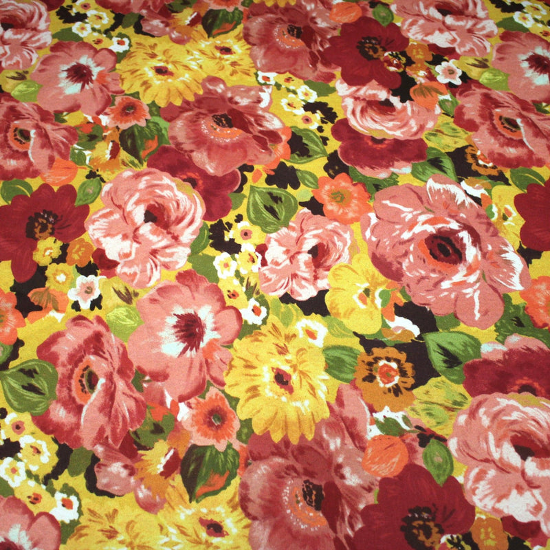 Tissu gabardine coton imprimée fleuri Vintage jaune, rouge, rose - OEKO - TEX STANDARD 100 - tissuspipi.com