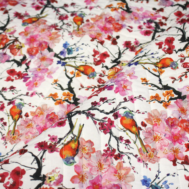 Tissu matelassé motif jardin japonais GUNMA oiseaux et fleurs de cerisier - OEKO - TEX - tissuspipi.com