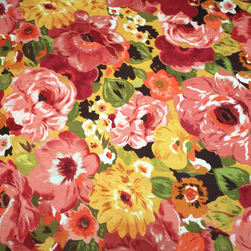 Tissu gabardine coton imprimée fleuri Vintage jaune, rouge, rose - OEKO - TEX STANDARD 100 - tissuspipi.com