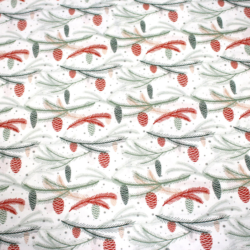 Tissu coton NOËL blanc aux branches sapins et pommes de pin rouges - OEKO - TEX - tissuspipi.com
