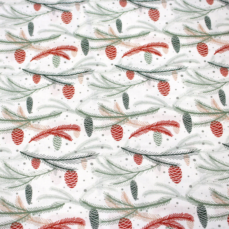 Tissu coton NOËL blanc aux branches sapins et pommes de pin rouges - OEKO - TEX - tissuspipi.com