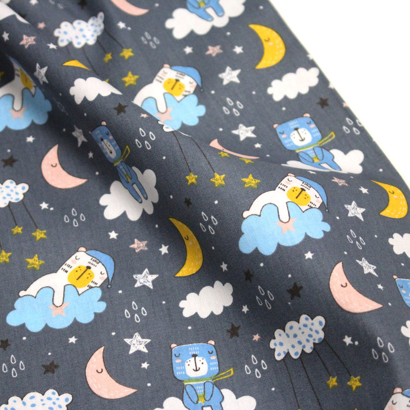 Tissu popeline coton Les ours font dodo, tons gris, bleus, roses - tissuspipi.com