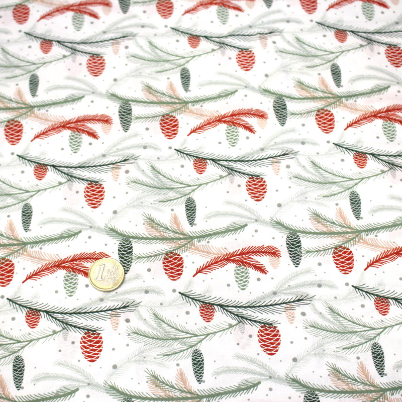 Tissu coton NOËL blanc aux branches sapins et pommes de pin rouges - OEKO - TEX - tissuspipi.com