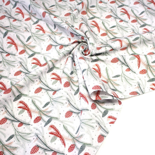 Tissu coton NOËL blanc aux branches sapins et pommes de pin rouges - OEKO - TEX - tissuspipi.com