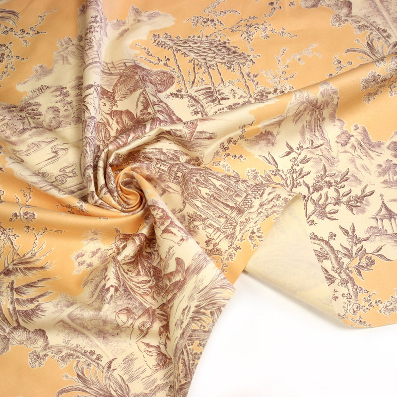 Tissu satin de coton ameublement, TOILE DE JOUY scène chinoise de Jean Pillement, INALTERA, fabriqué en Suisse - tissuspipi.com