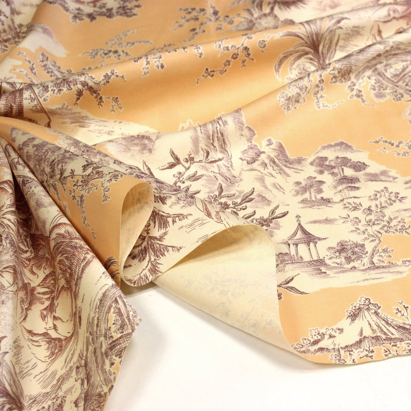 Tissu satin de coton ameublement, TOILE DE JOUY scène chinoise de Jean Pillement, INALTERA, fabriqué en Suisse - tissuspipi.com
