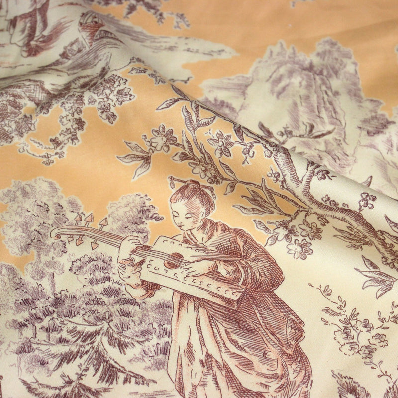 Tissu satin de coton ameublement, TOILE DE JOUY scène chinoise de Jean Pillement, INALTERA, fabriqué en Suisse - tissuspipi.com