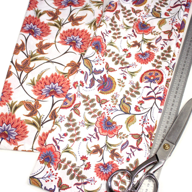 Tissu INDIENNES, cotonnade imprimée fleurie : deux motifs différents - OEKO - TEX STANDARD 100 - tissuspipi.com