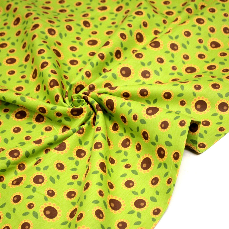 Tissu popeline coton vert aux tournesols jaunes & feuilles vertes - tissuspipi.com