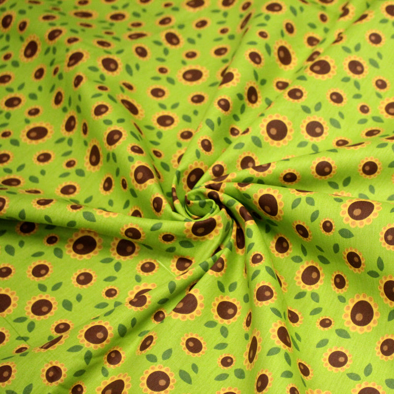 Tissu popeline coton vert aux tournesols jaunes & feuilles vertes - tissuspipi.com