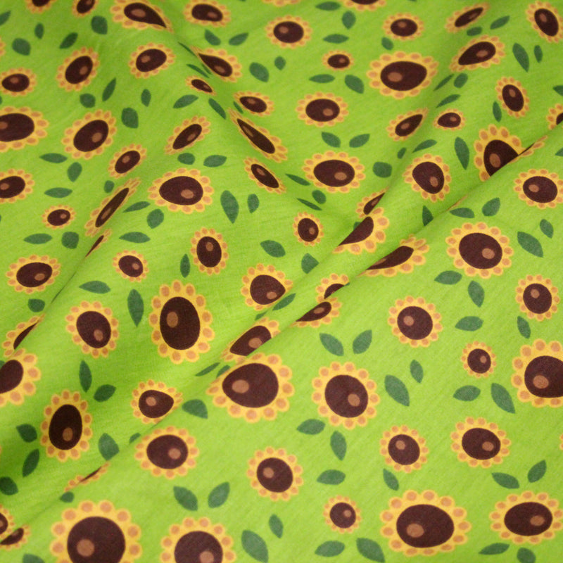 Tissu popeline coton vert aux tournesols jaunes & feuilles vertes - tissuspipi.com