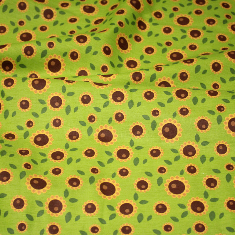 Tissu popeline coton vert aux tournesols jaunes & feuilles vertes - tissuspipi.com