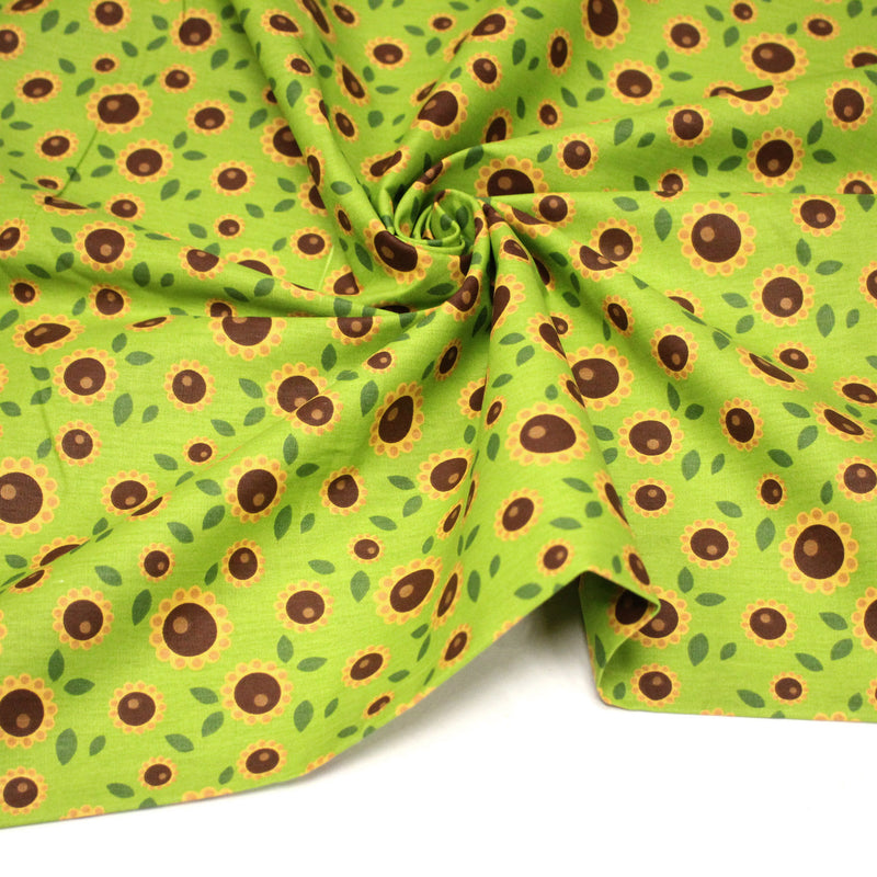 Tissu popeline coton vert aux tournesols jaunes & feuilles vertes - tissuspipi.com