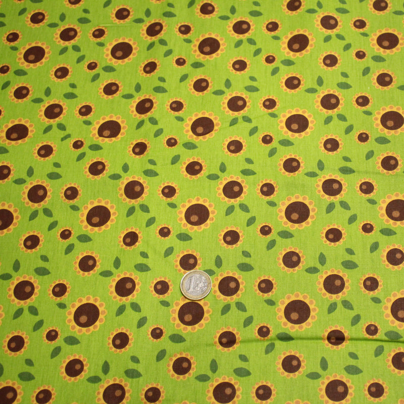 Tissu popeline coton vert aux tournesols jaunes & feuilles vertes - tissuspipi.com