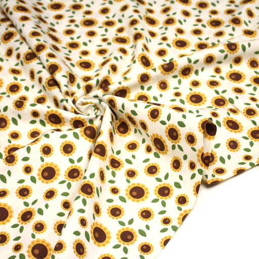 Tissu popeline coton blanc aux tournesols jaunes & feuilles vertes - tissuspipi.com