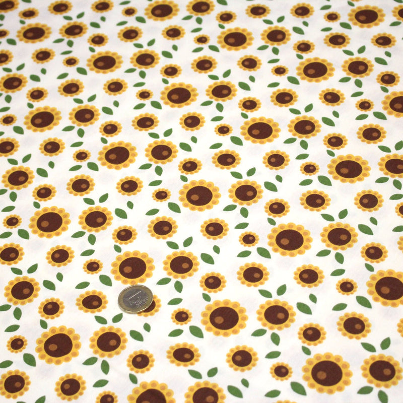 Tissu popeline coton blanc aux tournesols jaunes & feuilles vertes - tissuspipi.com