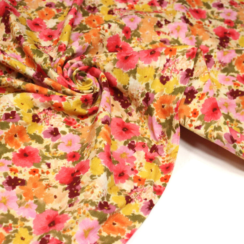 Tissu double gaze imprimée fleuri rose et jaune - OEKO - TEX STANDARD 100 - tissuspipi.com