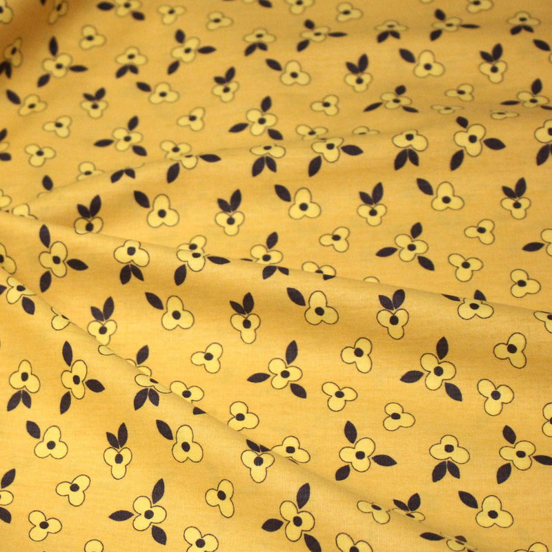 Tissu popeline coton jaune aux fleurs graphiques jaunes - tissuspipi.com