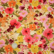 Tissu double gaze imprimée fleuri rose et jaune - OEKO - TEX STANDARD 100 - tissuspipi.com