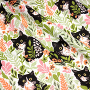 Tissu cotonnade aux chats dans les fleurs roses et vertes - OEKO - TEX STANDARD 100 - tissuspipi.com