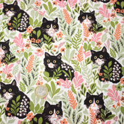 Tissu cotonnade aux chats dans les fleurs roses et vertes - OEKO - TEX STANDARD 100 - tissuspipi.com