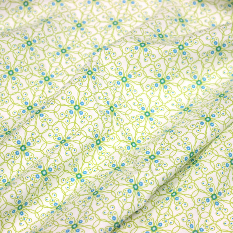 Tissu popeline ART NOUVEAU, fin motif géométrique floral bleu & vert - tissuspipi.com