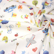 Tissu cotonnade aux DESSINS D'ENFANT multicolores, fond blanc - tissuspipi.com