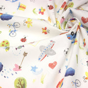 Tissu cotonnade aux DESSINS D'ENFANT multicolores, fond blanc - tissuspipi.com