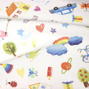 Tissu cotonnade aux DESSINS D'ENFANT multicolores, fond blanc - tissuspipi.com