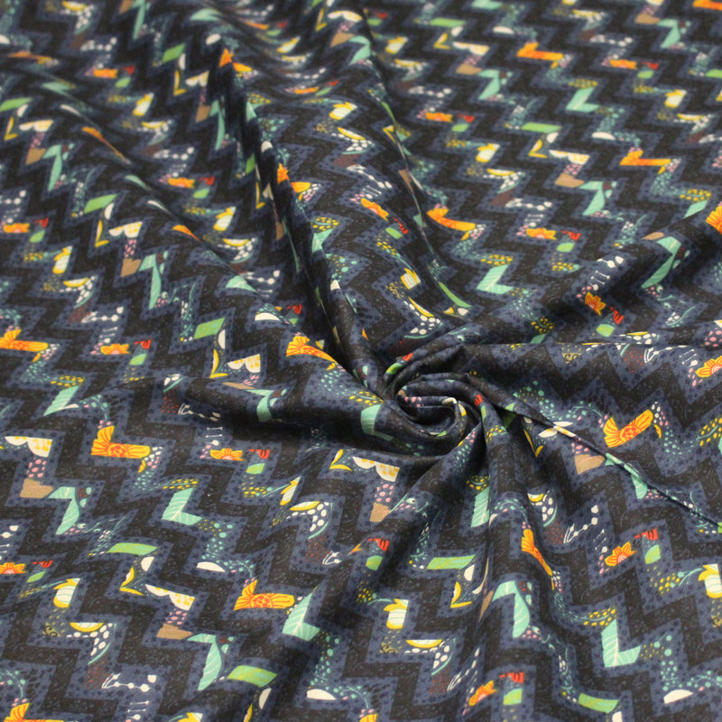 Tissu popeline coton zig zag bleu, noir et fines fleurs multicolores - tissuspipi.com