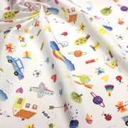 Tissu cotonnade aux DESSINS D'ENFANT multicolores, fond blanc - tissuspipi.com