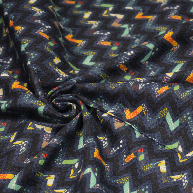 Tissu popeline coton zig zag bleu, noir et fines fleurs multicolores - tissuspipi.com